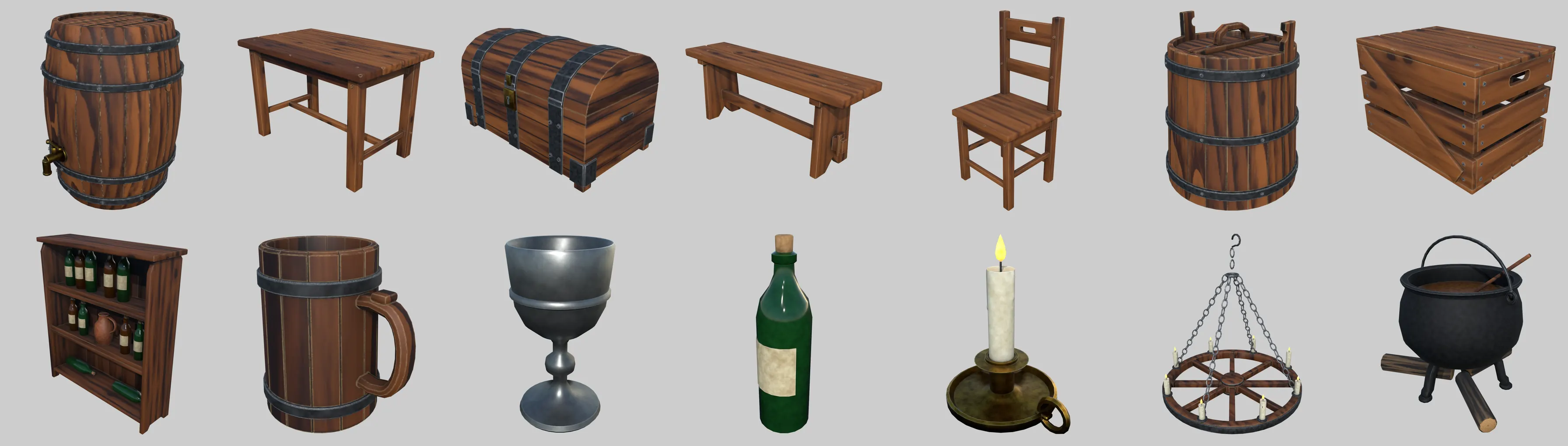 All 14 Barrelhouse models rendered on a neutral grey background: barrel with tap, tavern table, iron-bound chest, bench, chair, lidded vat, slatted crate, shelf with bottles, tankard, pewter goblet, corked bottle, brass candlestick, wagon-wheel candle chandelier and cauldron on tripod legs.