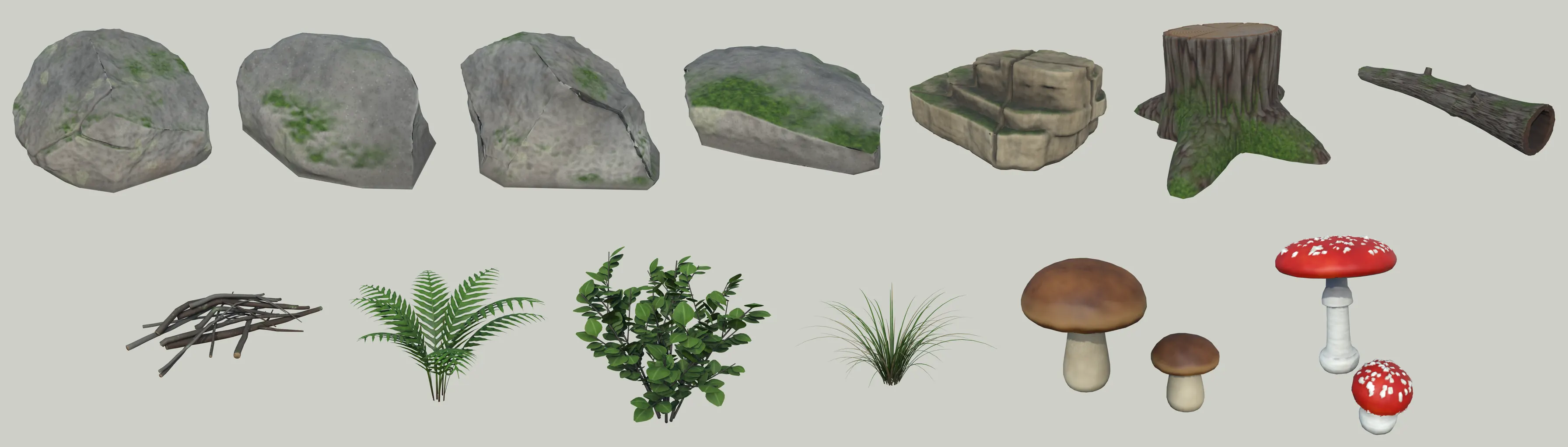 All 13 Mossglade models rendered on a neutral grey background: three boulders, flat stone, mossy rock outcrop, tree stump with roots, fallen hollow log, brushwood pile, fern, hazel shrub, grass tuft, porcini mushroom and fly agaric.